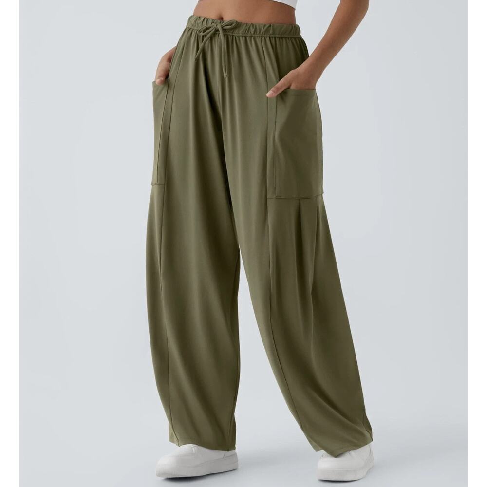 Halara Olive Green Wide Leg Pull on Pants Side Pockets Womens Size XL